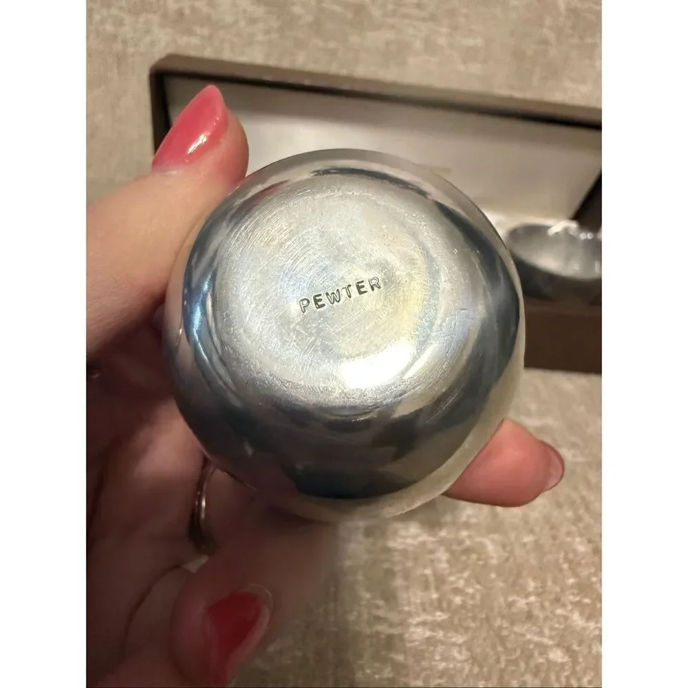 Vintage 80's Nordstrom Set Of 4 Pewter Shot Glasses in Brown Gift Box Silver